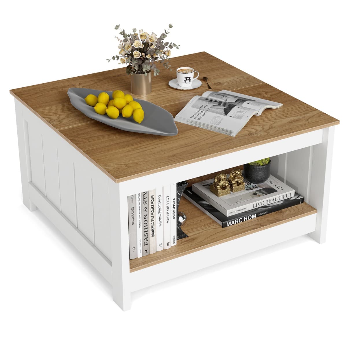 Table Basse en Bois à 2 Niveaux Table de Salon Carrée de Style Maison de Campagne Table D'appoint av