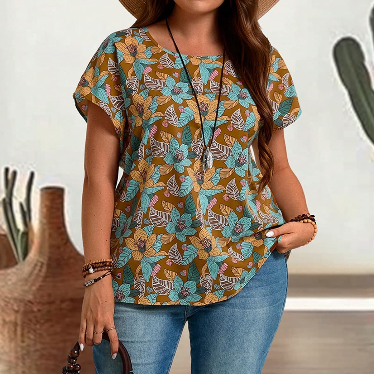 Chemise décontractée à manches courtes pour les vacances d'été, imprimée de motifs botaniques, col rond pour les campagnes d'été de grande