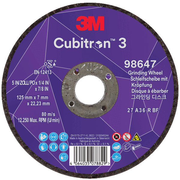 Meule à ébarber hautes performances grain céramique 125 x 22,2 x 7 mm pour aciers et inox, Cubitron™ 3