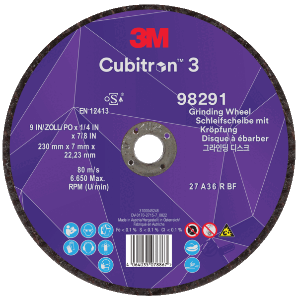 Meule à ébarber hautes performances grain céramique 230 x 22,2 x 7 mm pour aciers et inox, Cubitron™ 3